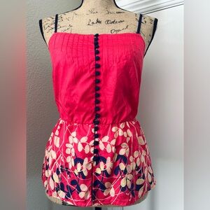 Sleeveless Bright Pink Floral Mini Top with Navy Trim, 100% silk